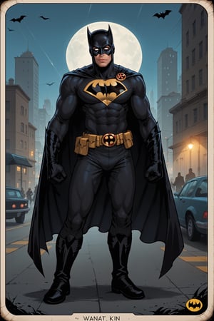 score_9,score_8_up,score_7_up,score_6_up,  BatMan (DC comics :1.9) comic book hero costumes, comic style, front view, intense eyes (:1.9) black boots (:1.9) classic Batman costume (:1.9) full-body_portrait, night time cityscape backdrop (:1.9) detailed  BatMan cowl, 300dpi, upscaled 8K, masterpiece, finest quality art, perfect anatomy, perfect hands (:1.9) detailed muscular build (:1.9) perfect face, male focus 
