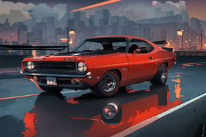4K UHD illustration,  upscaled professional drawing HDR,  classic muscle car,  2 door coupe, red paint (:1.9) aggressive stance (:1.9) lowered wide bodykit,  tinted windows (:1.9) large wheels, chrome trim (:1.9) Cityscape backdrop at night, headlights (:1.9)  reflection, 300dpi,  upscaled 8K, masterpiece (:1.9) sharp focus 