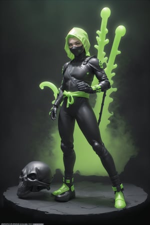 4K UHD illustration, upscaled professional drawing HDR (The toxic punk ninja) action figure box set, gift box play set (:1.9) tanned skin tone (:1.5) male focus (:1.9) spiked green wrist and shin pads (:1.8) (black) form fitting hooded bodysuit bioluminescent green (:1.9) ninja costume, full body figure (:1.9) yellow irridecent eyes (mortal kombat themed glowing green slime skull design ninja mask (:1.9) torn green sash (:1.9) bioluminescent slime emanating from fingertips (:1.9) 300dpi, (diffuse colors), (black tones), (unworthy), (no limits), (unpredictable), (surreal), (professional composition), (award winning composition) creative freedom, (artistic expression), (extreme composition), (spontaneous composition), (black filter), (surreal theme), (diffuse creatures), (diffuse figures), disturbing visual expression, unusual chromatic contrast, somber, Lekrot,  upscaled 8K,  masterpiece (:1.9) ,ActionFigureQuiron style