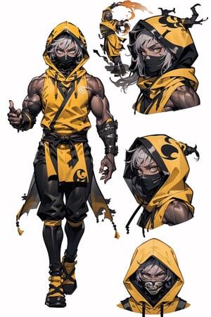 Athletic built man (30 year old, male focus (:1.9) black hood (:1.9) white eyes, wearing black form fitting tight ninja costume under yellow ninja costume (:1.9) yellow loincloth over black pants (:1.9) 
mismatched yellow and silver wrist and shin pads (:1.9) yellowmmortal kombat skull mask (:1.9) detailed  muscular arms (:1.9) black shoes, stern expression (:1.9) dark tan skin,  perfect anatomy (:1.9) clawed fingers, perfect hands, 300dpi,  upscaled 8K 
(:1.7)  multiple designs ,character sheet, character design, reference sheet, multiple views, turnaround, full body, from front, from side, from behind, (masterpiece, highres, high quality:1.2), outstanding colors, low saturation, High detailed, Detailedface, Dreamscape,Flieger,,brown_skin, ,mkscorpion