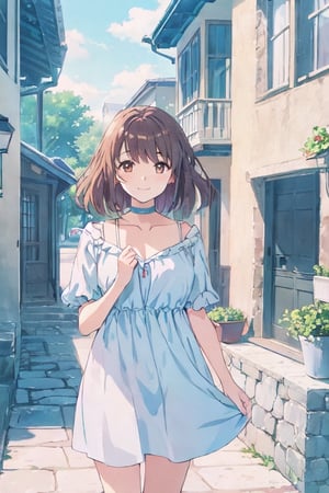 A stunning anime-style illustration of a woman in a flowing, sky blue V Neck dress, standing gracefully in front of her quaint smiling, (with a blue choker around the neck), beautiful brown eyes, cottage-style home. The soft, pastel colors and delicate linework bring a sense of tranquility and elegance to the scene.,portrait