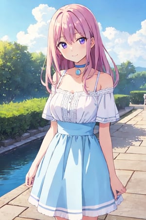 aihoshino,  A stunning anime-style illustration of a woman in a flowing, sky blue V Neck dress, standing gracefully in front of her quaint smiling, (with a blue choker around the neck), beautiful purple eyes, cottage-style home. The soft, pastel colors and delicate linework bring a sense of tranquility and elegance to the scene.,portrait,Ai Hoshino