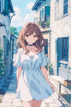 A stunning anime-style illustration of a woman in a flowing, sky blue V Neck dress, standing gracefully in front of her quaint smiling, (with a blue choker around the neck), beautiful brown eyes, cottage-style home. The soft, pastel colors and delicate linework bring a sense of tranquility and elegance to the scene.,portrait,Ai Hoshino