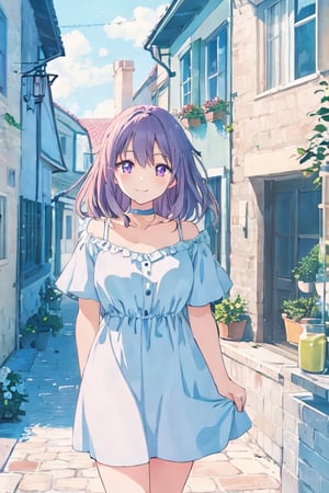 aihoshino,  A stunning anime-style illustration of a woman in a flowing, sky blue V Neck dress, standing gracefully in front of her quaint smiling, (with a blue choker around the neck), beautiful purple eyes, cottage-style home. The soft, pastel colors and delicate linework bring a sense of tranquility and elegance to the scene.,portrait,Ai Hoshino