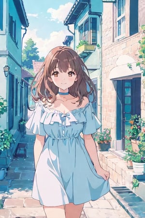 A stunning anime-style illustration of a woman in a flowing, sky blue V Neck dress, standing gracefully in front of her quaint smiling, (with a blue choker around the neck), beautiful brown eyes, cottage-style home. The soft, pastel colors and delicate linework bring a sense of tranquility and elegance to the scene.