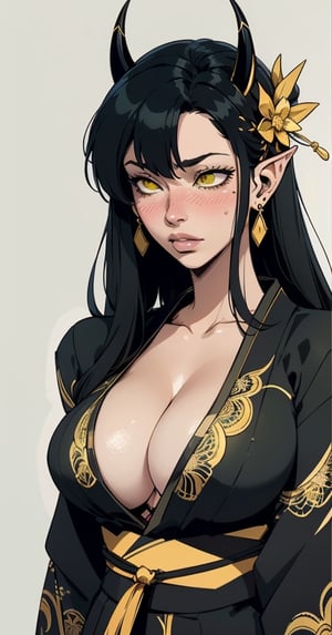 2girl, mature female, large boobs, exposed cleavage , deep cleavage, long hair, black hair, yellow eyes, oni horns, black kimono, lace trim, gold trim, blush, pointy ears, earrings, parted lips, empty eyes, spider hair ornament, simple background,green theme,sciamano240,breasts