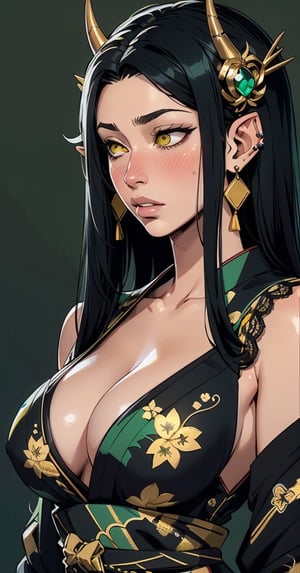 1girl, mature female, large boobs, exposed cleavage , deep cleavage, long hair, black hair, yellow eyes, oni horns, black kimono, lace trim, gold trim, blush, pointy ears, earrings, parted lips, empty eyes, spider hair ornament, simple background,green theme,sciamano240,breasts