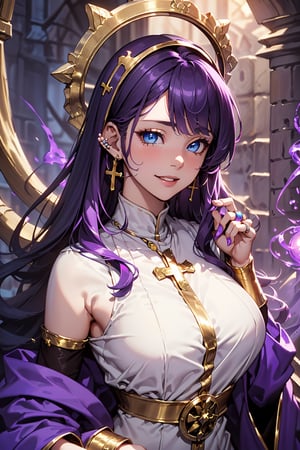 (masterpiece, best quality), 1girl, (((purple color hair, purple long hair, blue eyes, wearing gold hair ring, priest female))), brown priest uniform, sexy, sexy clothing, (((fantasy setting, medieval magic school background:1.3))), big smile, happy, sexy clothing, luxury jewelry, (((upper body)))