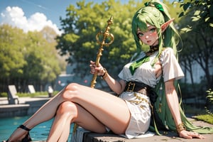 (((sitting, looking_at_viewer,crossed_legs, 2 girls))), highres , masterpiece, best quality, absurdres, ultra-detailed, BREAK, girl1(((elf, blondy hair, ponytail, long hair, green ribbon, green elf hunting uniform, luxury jewelry))), girl2(((elf, multicolor hair, transition hair, two tone hair, blond hair, green hair, hairstyle, pale_skin, green eyes, magician uniform, hand on magic staff, luxury jewelry))), magic school background, (attractive posing),perfect anatomy, perfect proportion, bokeh, depth of field, hyper sharp image,sensual gaze,multiple girls