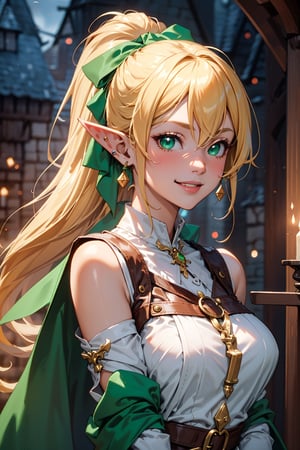 (masterpiece, best quality), 1girl, blondy hair, ponytail, long hair, green ribbon, (elf ear, pointed ear)), sexy, best lighting, exposure, YakuzaTattoo, ppcp, huoshen, (((fantasy setting, medieval magic school background:1.3))), big smile, happy, sexy green elf hunting uniform, sexy clothing, luxury jewelry, (((upper body)))