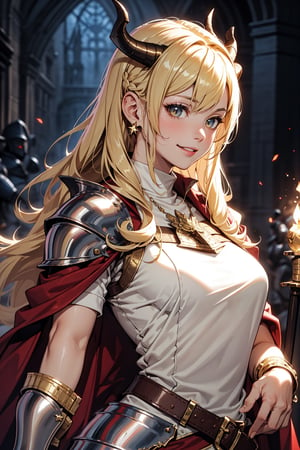 ((((blondy long hair, female knight)))), sexy, long legs, tall height, slim body, perfect body, luxury golden jewelry, luxury golden accessories, best lighting, red long cloak, a knight holding a large sword, heavy golden obsidian armor, knight costume, epic, helmet with horns, lots of nudity, (((fantasy setting, medieval magic school background:1.3))), big smile, happy, sexy clothing, luxury jewelry, (((upper body)))