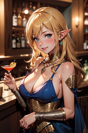 asunabunny, blondy hair, elf ear, blush, bar, night, moody lighting, ,asunadef, sexy, bartender costume, sexy clothing, hand on Jiggger, (((fantasy setting, medieval cocktail bar background:1.3))), big smile, happy, sexy clothing, luxury jewelry, (((upper body)))