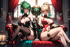 (((sitting, looking_at_viewer,crossed_legs, 2 girls))), highres , masterpiece, best quality, absurdres, ultra-detailed, BREAK, girl1(((elf, blondy hair, ponytail, long hair, green ribbon, sexy green elf hunting uniform, sexy clothing, luxury jewelry))), girl2(((elf, multicolor hair, transition hair, two tone hair, blond hair, green hair, hairstyle, pale_skin, green eyes, magician uniform, hand on magic staff, sexy clothing, luxury jewelry))), magic school background, (attractive posing),perfect anatomy, perfect proportion, bokeh, depth of field, hyper sharp image,sensual gaze,multiple girls