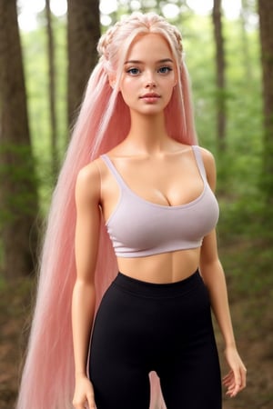create a hyper realistic barbie girl look 20 old ,picture-perfect face,multicolored hair,pink/platinumblonde hair,braids,goddess,perfect_breasts,sexy,charming,alluring,seductive,erotic,makeup,Extremely Realistic,Detailedface,slim hips,standing_up,photo of perfecteyes eyes,sexy legs, black yoga pants (((tight and sexy))),ferm breast (((big))), beautiful curved body, fit body,black sport tshirt,perfecteyes eyes,barbie,forest background
