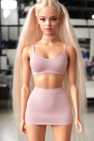 create a hyper realistic barbie girl look 20 old ,picture-perfect face,multicolored hair,pink/platinumblonde hair,braids,goddess,perfect_breasts,sexy,charming,alluring,seductive,erotic,makeup,Extremely Realistic,Detailedface,slim hips,standing_up,photo of perfecteyes eyes,sexy legs, mini skirt  (((tight and sexy))),ferm breast (((big))), beautiful curved body, fit body,black sport tshirt,perfecteyes eyes,barbie,in a desolate factory,Perfect lips