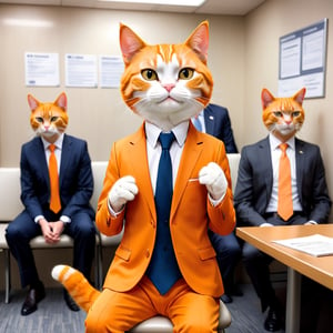 The orange cat, dressed in a neat suit, sits in the waiting area, nervously fiddling with his fingers among other job interview candidates.The environment is detailed to add a tense atmosphere, with the cat's nervous small movements and expressions enhancing the scene's tension.