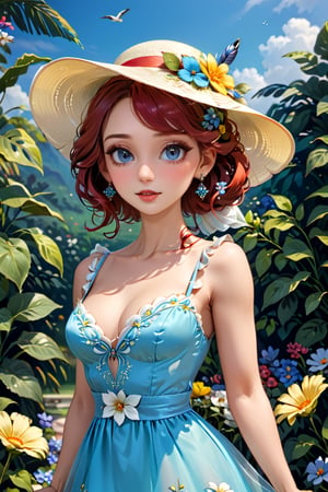 elegant bride, red, yellow, blue wedding dress, detailed facial features, intricate hairstyle, ornate hair accessories, delicate jewelry, flowing dress with floral patterns, silk material, stylish shoes, scooped neckline, visible arm details, dainty ear and head accessories, optional hat, surrounded by a vibrant flower garden, accompanied by birds, (best quality,4k,8k,highres,masterpiece:1.2),ultra-detailed,portrait,romantic background, HDR, UHD, studio lighting, ultra-fine painting, sharp focus, physically-based rendering, extreme detail description, professional, vivid colors, bokeh