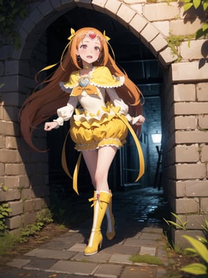 1GIRL, CURE MUSE
ORANGE HAIR, HAIR RIBBON, YELLOW CHOKER, JEWELRY, BROOCH, CAPELET, TIARA, BOOTS
ood hands, perfect hands, pretty face, perfect face, childish face , full body, perfect body, pretty stockings, walk, night, dungeon, dark dungeon, muddy dungeon, perfect dungeon, nice dress, perfect dress, cave, dark cave, crying, darkness, crying, wall, stone wall, cave,cure muse,cure,1girl and 1boy,(Albedo),kaoruko tenkawa