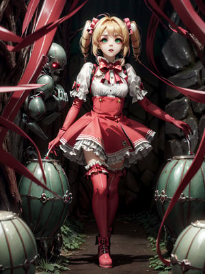HARUKA HANABISHI, MEGA TWINTAILS
BIG HAIR (GREEN EYES:1.3) (BLONDE HAIR),
, RUFFLES, RED DRESS, SHORT PUFFY SLEEVES, WHITE GLOVES, RED BOW, WHITE THIGHS, BOOTS, ELBOW GLOVES, MAGIC GIRL, RED GLOVES, BOW, BOW BACK, BIG BOW, BOOTS WITH BOW, LONG STOCKINGS, STOCKINGS WITH LACE, BIG TITS,
 good hands, pretty face, full body, cave, cavern, scared. praying, darkness, hell, dungeon, at night, scared, walking, perfect hands, pretty hands, good hands, pretty face, full body, pretty decorated stockings, o, full body, beautiful body, perfect body, beautiful body, legs perfect, beautiful legs, perfect hands, beautiful hands, scared, full body, pretty face, perfect face, child's face, perfect face, pretty face, rro, perfect lips. beautiful eyes, flower garden, perfect garden, roses, perfect roses, ,1girl and 1boy,Zombie,Vampirism,vamptech