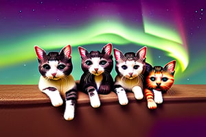 painting of A sky filled with a vibrant aurora borealis illuminating a city with grand columns while cats roam the streets and serpentine creatures swim in the oceans. Style of Cute cats and kittens with a mirror background. rosybrown, chocolate, sandybrown, darkred colors. 8K HD.