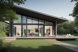 (exterior:1.4) A stunning digital illustration portraying a modern-style villa nestled alongside a serene river, designed by a renowned architect. Drawing inspiration from the works of Bjarke Ingels, the villa seamlessly blends with its surroundings. The illustration showcases the villa's unique architecture, with glass walls and gray stone walls and open spaces that invite nature indoors. The color temperature is balanced, enhancing the harmony between the villa and the landscape. The residents' expressions radiate tranquility as they enjoy the waterfront view. Soft, natural lighting bathes the scene in a peaceful ambiance