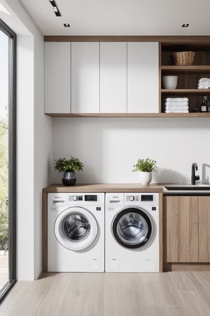 Raw photo,Masterpiece, high quality, best quality, authentic, super detail,
indoors, interior , ((washing machine :1.3)) cabinet, modern style, daylight, (WHITE WALL)