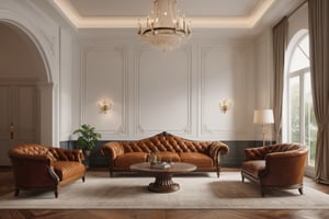 RAW photo, masterpiece, a view of a living room with a couch, chairs, and a chandelier, highly detailed interior, neo - classical style, neoclassical style, neoclassicism style, interior architect architectural visualization, neoclassical style, in style of classicism, white light sun, rendered in vray, rendered in v-ray, rendered in unreal engine 3d, (photorealistic:1.2), (photorealistic:1.5), best quality, ultra high res, architechture, (leather sofa detail:1.5), neoclassic house, (detailed railing neoclassic:1.5), luxury neoclassical villa, (mable floor details:1.5), (detailed neoclassical carpet:1.5), in the style of neoclassical scene, glass windows, best quality, (Intricate lines:1.5), ((Photorealism:1.5)),(((hyper detail:1.5))), archdaily, award winning design, (dynamic light:1.3), (day light:1.2), (perfect light:1.3), (shimering light :1.4), refection glass windows, (curved line architecture arch:1.2), photorealistic, FKAA, TXAA, RTX, SSAO, Post Processing, Post-Production, CGI, VFX, SFX, Full color,((Unreal Engine 5)), Canon EOS R5 Camera + Lens RF 45MP full-frame CMOS sensor, HDR, Realistic, Cinematic intricate detail, extreme detail, science, hyper-detail, FKAA, super detail, super realistic, crazy detail, intricate detail, nice color grading, reflected light on glass, eye-catching wall lights, unreal engine 5, octane render, cinematic, trending on artstation, High-fidelity, Viwvid, Crisp, Sharp, Bright, Stunning, ((Lifelike)), Natural, ((Eye-catching)), Illuminating, Flawless, High-quality,Sharp edge rendering, medium soft lighting, photographic render, detailed archviz