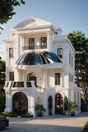 RAW photo, masterpiece, arafed house with a car parked in front of it, neo - classical style, rendered in lumion pro, classicism style, classicism artstyle, lumion render, rendered in lumion, architectural visualization, neoclassical style, in style of classicism, white light sun, rendered in vray, rendered in v-ray, rendered in unreal engine 3d, (photorealistic:1.2), best quality, ultra high res, exterior, architechture,modern house,(white wall:1.5), (detail gate black:1.4), (photorealistic:1.5), best quality, ultra high res, exterior,architechture,neoclassic house,(white wall:1.2), (detailed reliefs:1.2), (The front 1st floor has 4 windows), (the right side 1st floor has 4 windows), (the main side has three-step stairs), (the right side has three-step stairs) ,glass windows,,trees,traffic road, blue sky,in the style of realistic hyper-detailed rendering, luxury neoclassical villa, in the style of neoclassical scene, glass windows, (white navy roof:1.2), best quality, (straight strokedetail:1.1) roof top, (Intricate lines:1.5), ((Photorealism:1.5)),(((hyper detail:1.5))), archdaily, award winning design, (dynamic light:1.3), (night light:1.2), (perfect light:1.3), (shimering light :1.4), refection glass windows, (curved line architecture arch:1.2), trees, beautiful sky, photorealistic, FKAA, TXAA, RTX, SSAO, Post Processing, Post-Production, CGI, VFX, SFX, Full color,((Unreal Engine 5)), Canon EOS R5 Camera + Lens RF 45MP full-frame CMOS sensor, HDR, Realistic,8k,((Unreal Engine 5)), Cinematic intricate detail, extreme detail, science, hyper-detail, FKAA, super detail, super realistic, crazy detail, intricate detail, nice color grading, reflected light on glass, eye-catching wall lights, unreal engine 5, octane render, cinematic, trending on artstation, High-fidelity, Viwvid, Crisp, Sharp, Bright, Stunning, ((Lifelike)), Natural, ((Eye-catching)), Illuminating, Flawless, High-quality,Sharp edge rendering, medium soft lighting, photographic render, detailed archviz