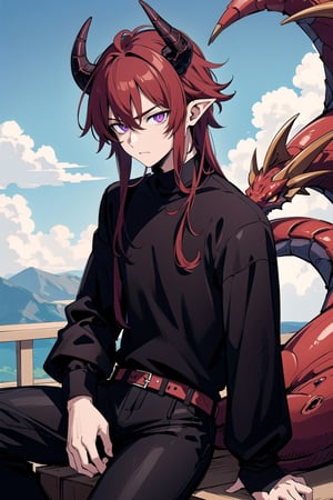 (masterpiece, best quality), (detailed), 1_boy, male, dark red hair, Dragon Demihuman, horns, slit pupils, dragon horns, modern, black shirt, tail, pointed ears, college setting, t-shirt, trousers, scenery, IncrsSlitPupil, purple eyes,