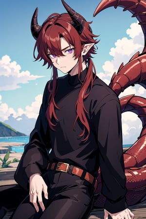 (masterpiece, best quality), (detailed), 1_boy, male, dark red hair, Dragon Demihuman, horns, slit pupils, dragon horns, modern, black shirt, tail, pointed ears, college setting, t-shirt, trousers, scenery, IncrsSlitPupil, purple eyes,