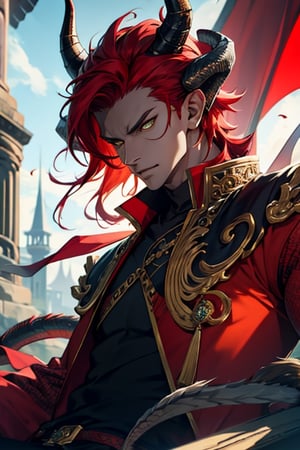 (masterpiece, best quality), (detailed), fair skin, male, curved horns, red hair,  Dragon Demihuman, dragon, horns, yellow eyes, slit pupils, dragon horns, male, modern setting, college, black shirt, tail, 