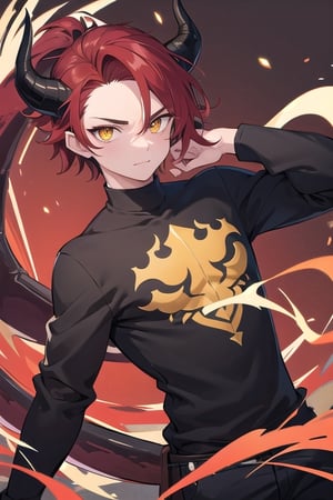 (masterpiece, best quality), (detailed), fair skin, male, curved horns protruding from forehead, dark red hair, Dragon Demihuman, horns, yellow eyes, slit pupils, dragon horns, modern, college, black shirt, tail, 