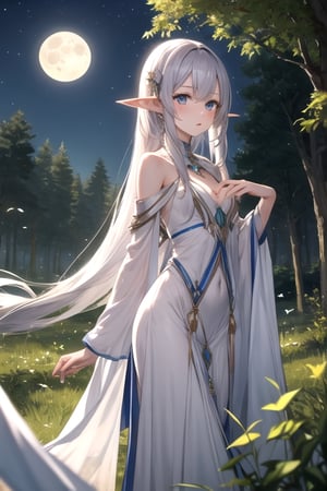((best quality)), ((masterpiece)), ((detailed)), long hair, elf_(species), light elf, female, slender, petite, silver hair, fragile apperance, standing in a forrest, butterflies, fairies, moon in the sky, moon rays, 8k, night time,