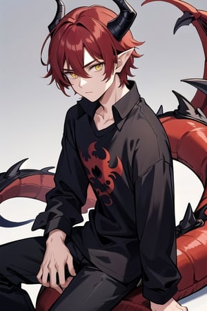 (masterpiece, best quality), (detailed), 1_boy, male, dark red hair, Dragon Demihuman, horns, yellow eyes, slit pupils, dragon horns, modern, black shirt, tail, pointed ears, college setting, t-shirt, trousers,