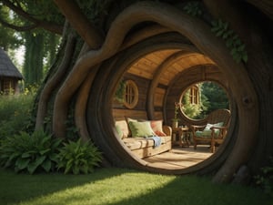Masterpiece, photorealistic, saturated colors, hobbit house interior, hobbit house inside gigantic tree, fairy house interior, flowers, colorful summer world, more detail, amazing interior, High detailed, bedroom interior