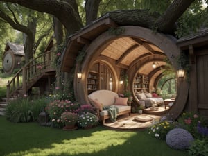 Masterpiece, photorealistic, saturated colors, hobbit house interior, hobbit house inside gigantic tree, fairy house interior, flowers, colorful summer world, more detail, amazing interior, High detailed, 