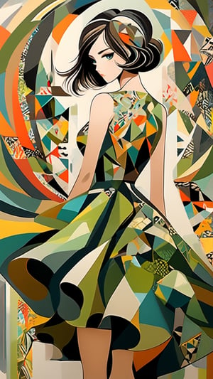 Create abtract picture, where the beautiful woman will center of composition, she wear beautiful olive dress with inticate geometry ornament and fashion high heels. We see subject from behind. Male her haircut is fashion and elegant. Use abtract style, surrealism, zentangle, vibrant colors. Picture should be oil painted, viewer should think that as movie cover.,ANIME