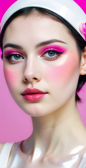 woman, beautiful face perfect face colorful eyes fully black hair, fully straight and middle parted haircut, pale white skin, sexy marks, perfect, fully white abstract background, shiny pink accessories, best quality, clear texture, details, canon eos 80d photo, light makeup, pink theme