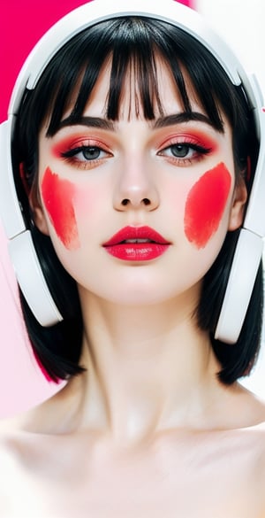 woman, beautiful face perfect face colorful eyes fully black hair, fully straight and middle parted haircut, pale white skin, sexy marks, perfect, fully white abstract background, shiny red accessories, best quality, clear texture, details, canon eos 80d photo, light makeup, pink and red theme
