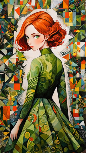 Create abtract picture, where the beautiful woman will center of composition, Create her as ginger girl with green eyes, she wear beautiful olive dress with inticate geometry ornament and fashion high heels. We see subject from behind. Male her haircut is fashion and elegant. Use abtract style, surrealism, zentangle, vibrant colors. Picture should be oil painted, viewer should think that as movie cover.,ANIME