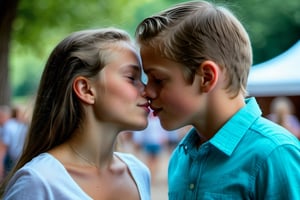 In an endearing photograph, one young european girl and one young European boy, standing, looking directly at each other. Leaning towards each other, kissing on lips, kiss, lips touching. The background, beautifully blurred through a high depth of field, Captured in a Photographic style with a 50mm prime lens, ensuring exquisite facial details and a natural perspective that brings out the authenticity of their love