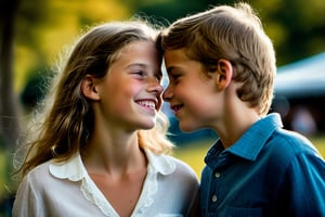 In an endearing photograph, one young european girl and one young European boy with radiant smiles and sparkling eyes, standing, looking directly at each other. Kissing on lips,The background, beautifully blurred through a high depth of field, Captured in a Photographic style with a 50mm prime lens, ensuring exquisite facial details and a natural perspective that brings out the authenticity of their friendship.   