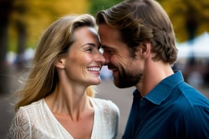 In an endearing photograph, one european woman and one European man with radiant smiles and sparkling eyes, standing, looking directly at each other. Kissing on lips,The background, beautifully blurred through a high depth of field, Captured in a Photographic style with a 50mm prime lens, ensuring exquisite facial details and a natural perspective that brings out the authenticity of their friendship.   
