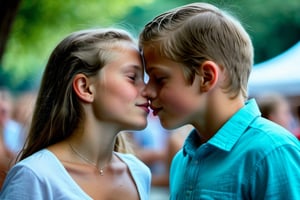 In an endearing photograph, one young european girl and one young European boy, standing, looking directly at each other. Leaning towards each other, kissing on lips, kiss, lips touching. The background, beautifully blurred through a high depth of field, Captured in a Photographic style with a 50mm prime lens, ensuring exquisite facial details and a natural perspective that brings out the authenticity of their friendship. 
