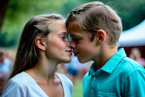 In an endearing photograph, one young european girl and one young European boy, standing, looking directly at each other. Leaning towards each other, kissing on lips, kiss, The background, beautifully blurred through a high depth of field, Captured in a Photographic style with a 50mm prime lens, ensuring exquisite facial details and a natural perspective that brings out the authenticity of their friendship.  