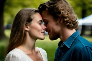 In an endearing photograph, one young european woman and one young European man, standing, looking directly at each other. Leaning towards each other, kissing on lips, kiss, lips touching.  The background, beautifully blurred through a high depth of field, Captured in a Photographic style with a 50mm prime lens, ensuring exquisite facial details and a natural perspective that brings out the authenticity of their love