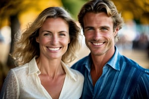 In an endearing photograph, one european woman and one European man with radiant smiles and sparkling eyes, standing, looking at viewer,The background, beautifully blurred through a high depth of field, Captured in a Photographic style with a 50mm prime lens, ensuring exquisite facial details and a natural perspective that brings out the authenticity of their love. 
