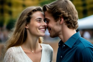 In an endearing photograph, one young european woman and one young European man with radiant smiles and sparkling eyes, standing, looking directly at each other. Kissing on lips,The background, beautifully blurred through a high depth of field, Captured in a Photographic style with a 50mm prime lens, ensuring exquisite facial details and a natural perspective that brings out the authenticity of their love. 