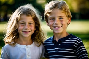 In an endearing photograph, one young european girl and one young European boy with radiant smiles and sparkling eyes, standing, looking directly at each other. The background, beautifully blurred through a high depth of field, Captured in a Photographic style with a 50mm prime lens, ensuring exquisite facial details and a natural perspective that brings out the authenticity of their friendship.   