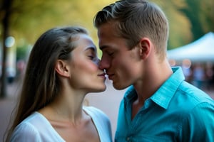 In an endearing photograph, one young european woman and one young European man, standing, looking directly at each other. Leaning towards each other, kissing on lips, kiss, lips touching.  The background, beautifully blurred through a high depth of field, Captured in a Photographic style with a 50mm prime lens, ensuring exquisite facial details and a natural perspective that brings out the authenticity of their love